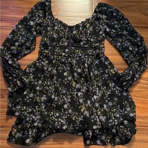 Women’s Black Floral Long-Sleeve Dress with Corset Waist